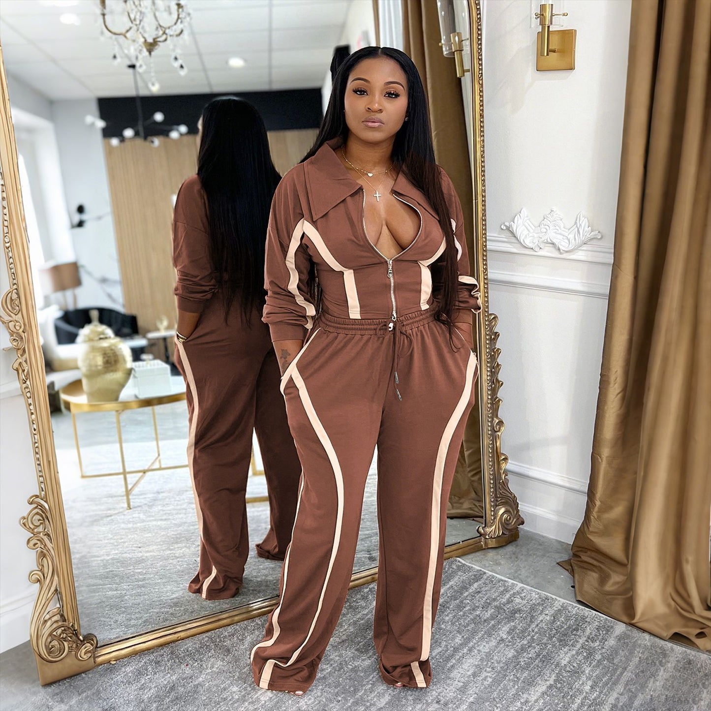 Stylish and Casual Color-blocked Long-sleeved Cardigan Tracksuit