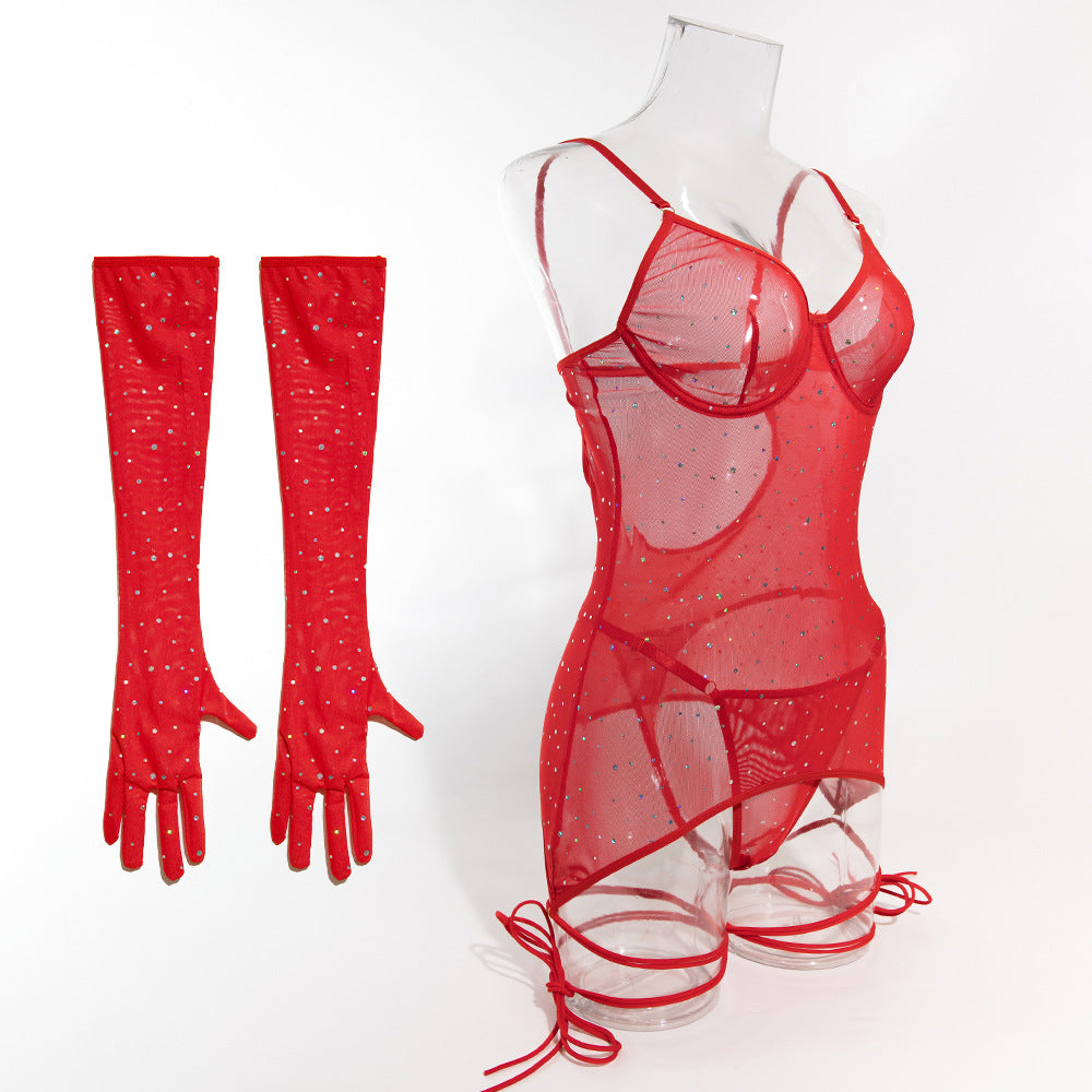 Sequined Sexy Mesh Temptation Dress Four-piece Set