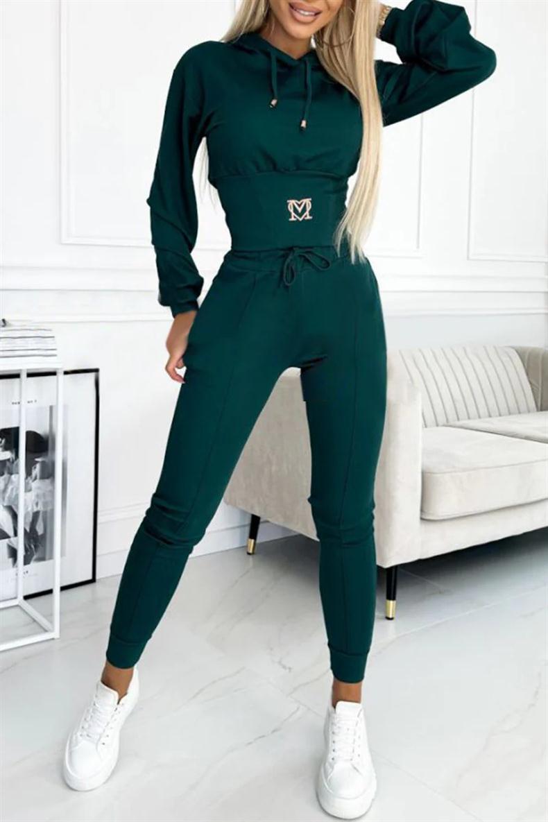 Waist-cinching Hooded Top and Trousers Casual Sportswear Set