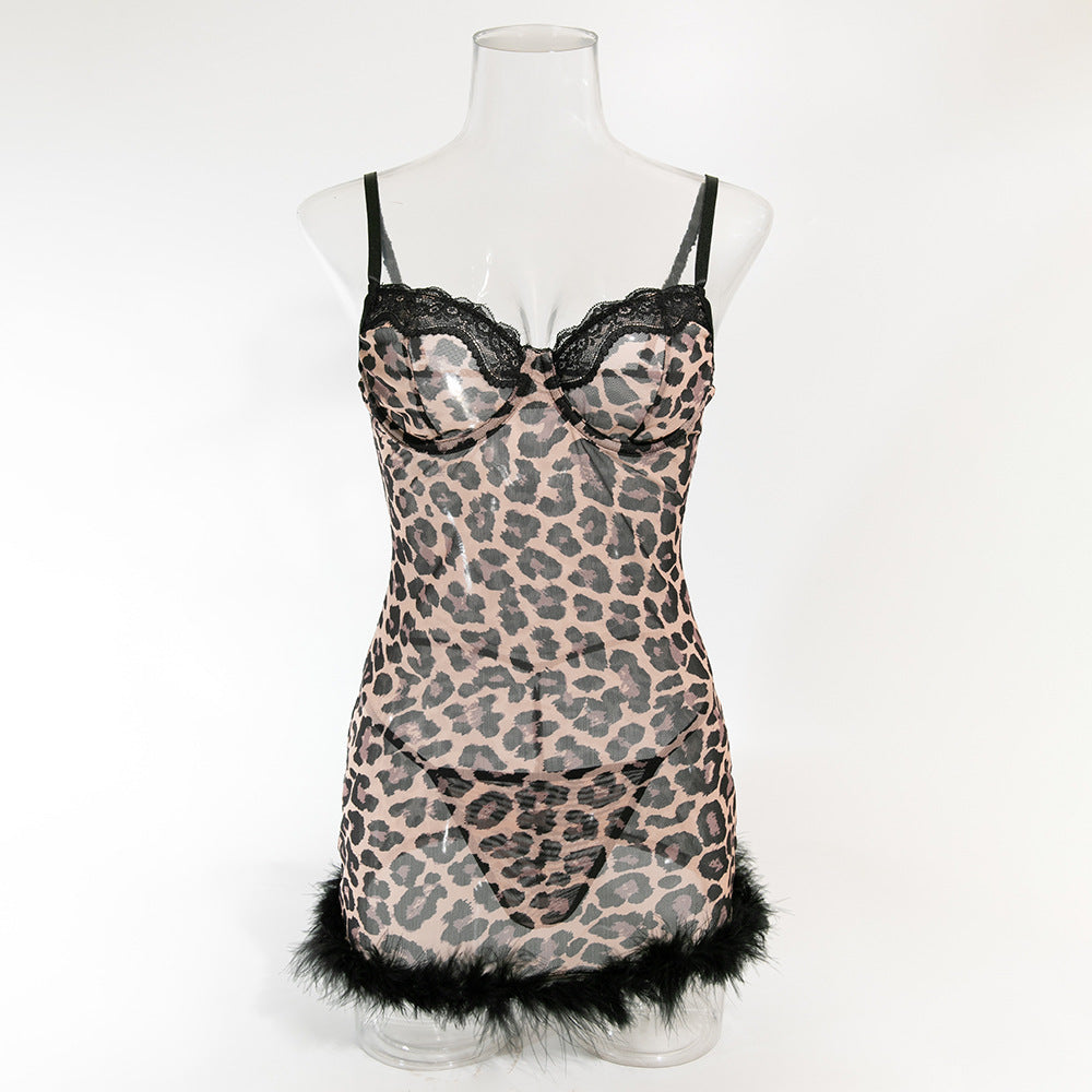 Sexy Wild Leopard Print Stitching Feather Underwire Gathered Dress Thong
