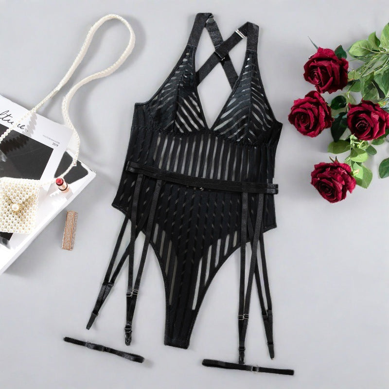 Sexy Striped Cross Strap Bodysuit Two Piece Set