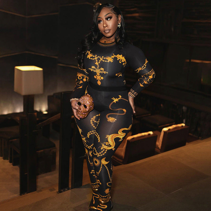 Fashion Printed Long Sleeve Round Neck Top and Pants Set
