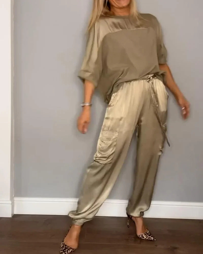 Fashionable Mercerized Satin Short Sleeve Top and Pants Set