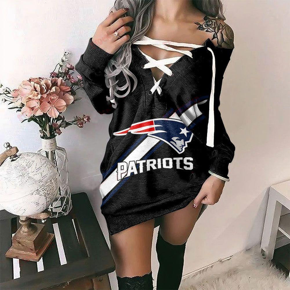New England Patriots Printed Lace-up V-neck Off-shoulder Hip Dress