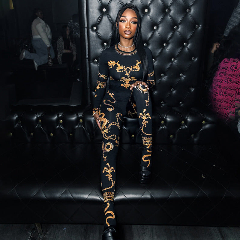 Fashion Printed Long Sleeve Round Neck Top and Pants Set