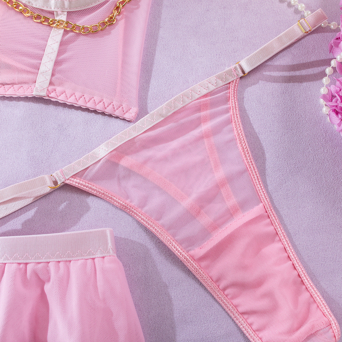 Sexy Pink Waist-bound Transparent Mesh Underwire Gathered One-piece Dress