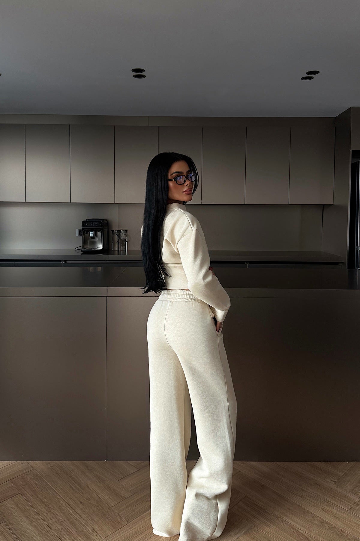 Stylish Solid Color Zip-up Cardigan and Wide-leg Pants Casual Suit