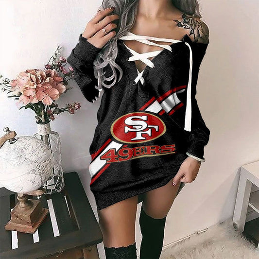San Francisco 49ers Printed Lace-up V-neck Off-shoulder Hip Dress
