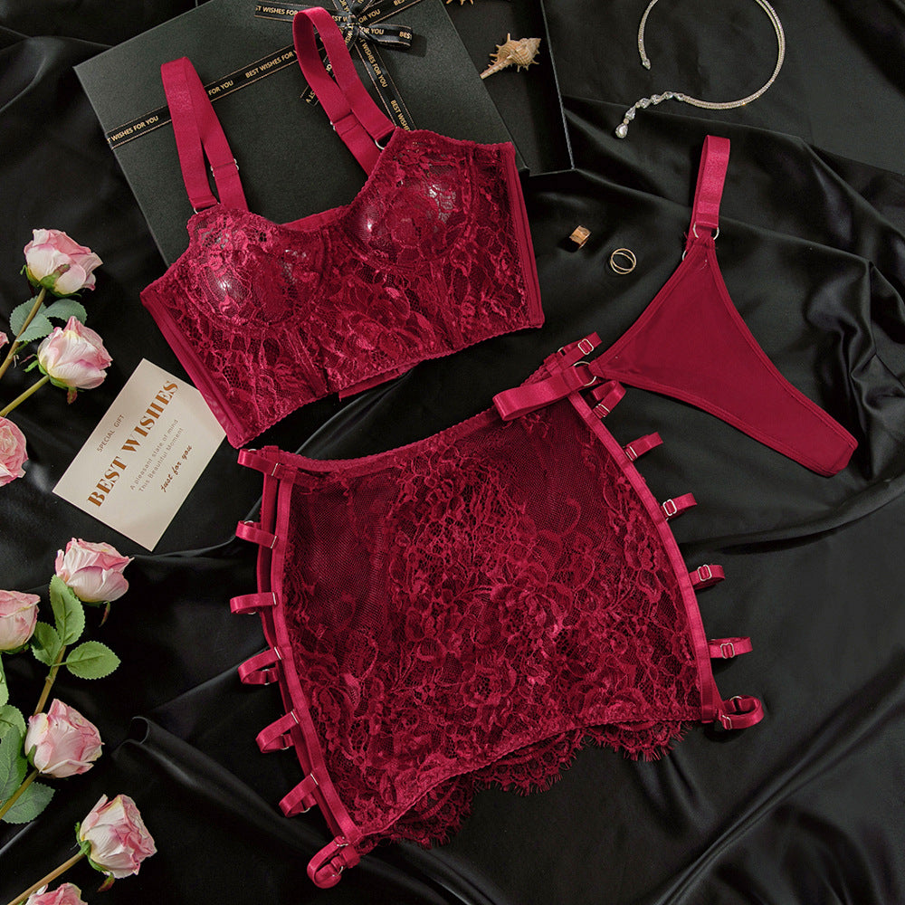 Lace Lace Underwire Gathered Sexy Hot Girl Suspenders Hip Skirt Three Piece Set