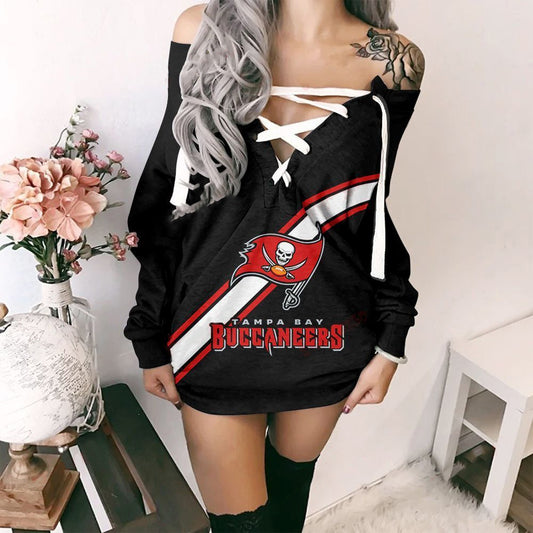 Tampa Bay Buccaneers Printed Lace-up V-neck Off-shoulder Hip Dress