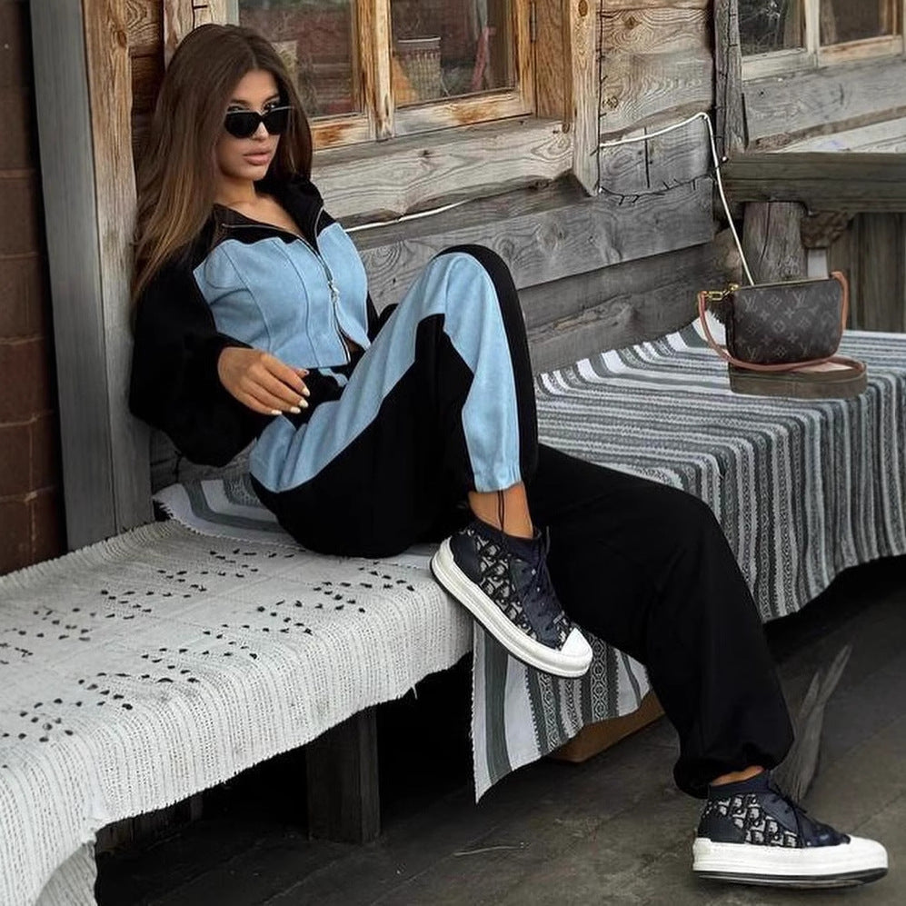 Casual Fashion Sweatshirt Denim Stitching Hooded Top Trousers Set