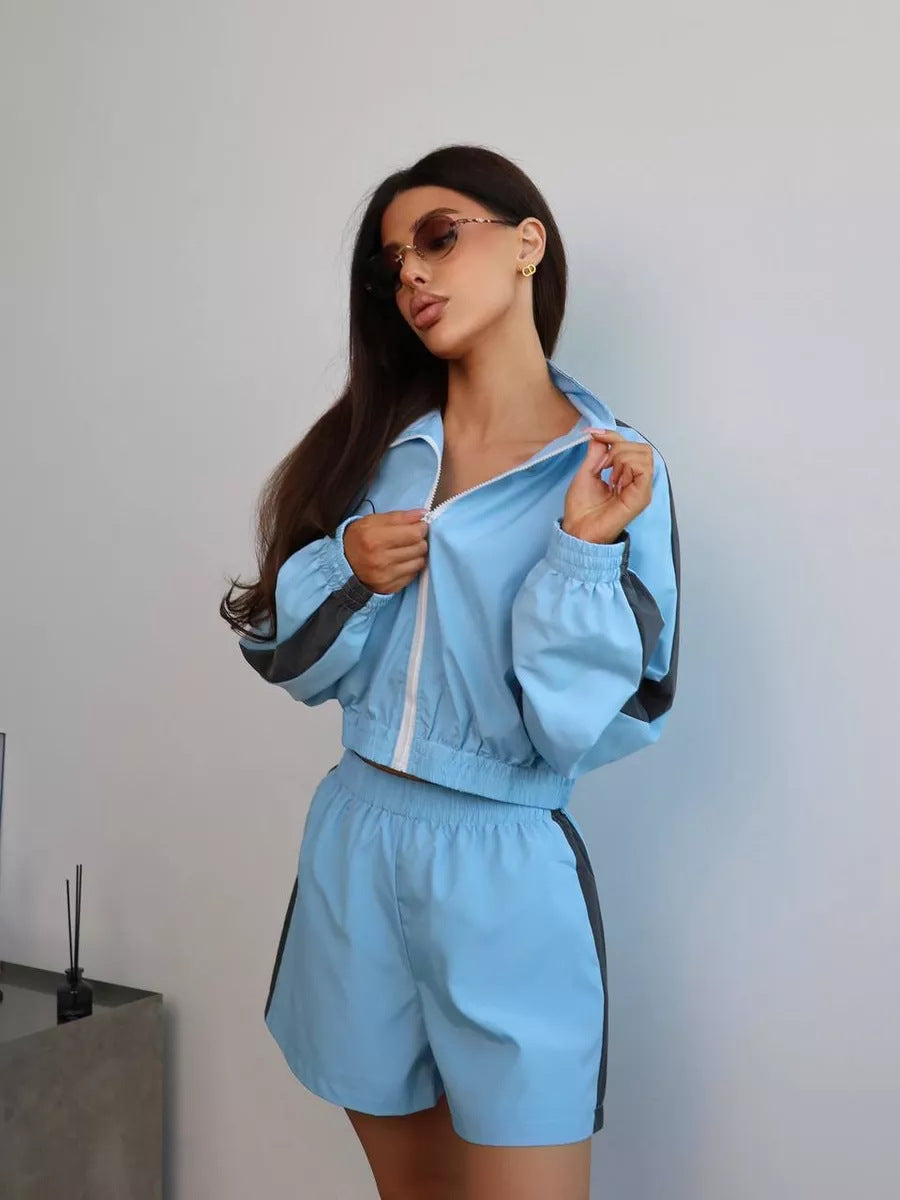Stylish Long-sleeved Zip-up Sports Cardigan Jacket and Shorts Sports Casual Set