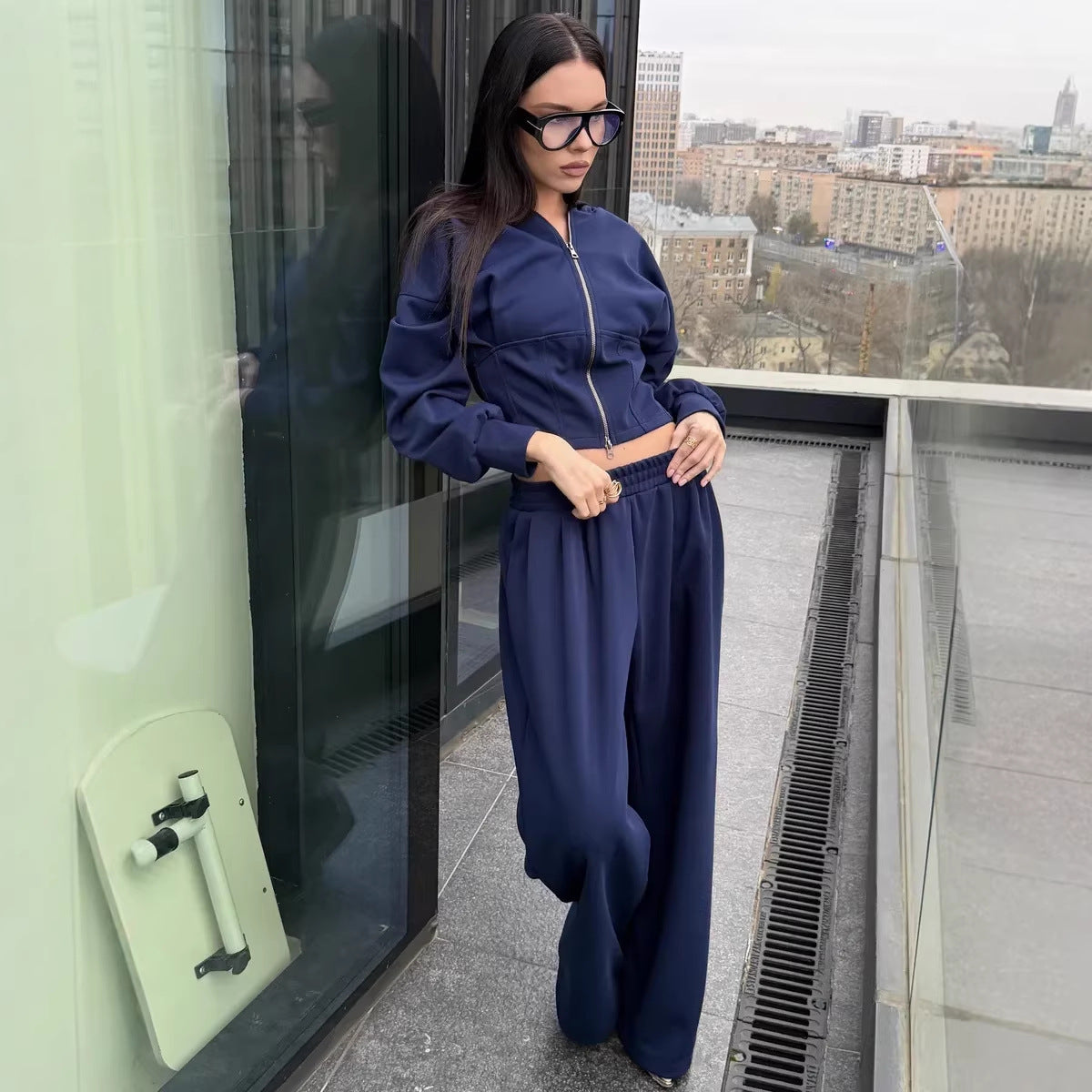 Solid Color Zip-up Cardigan Sweatshirt Loose Trousers Casual Suit
