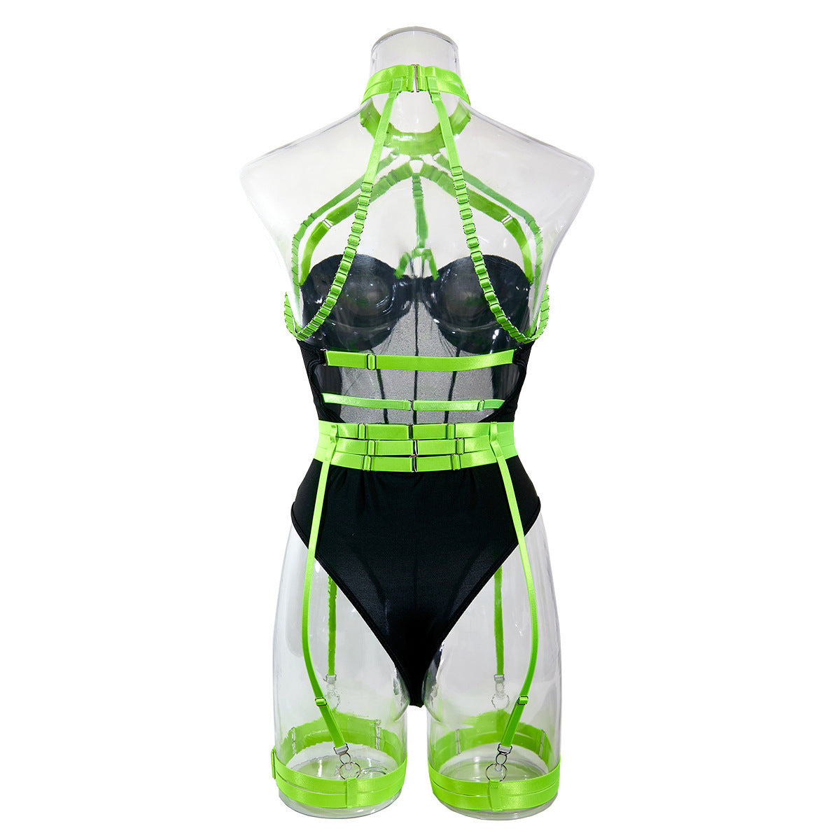 Sexy Fluorescent Green Scarf Strap Shawl Transparent Mesh Steel Ring Gathered Comfortable Jumpsuit