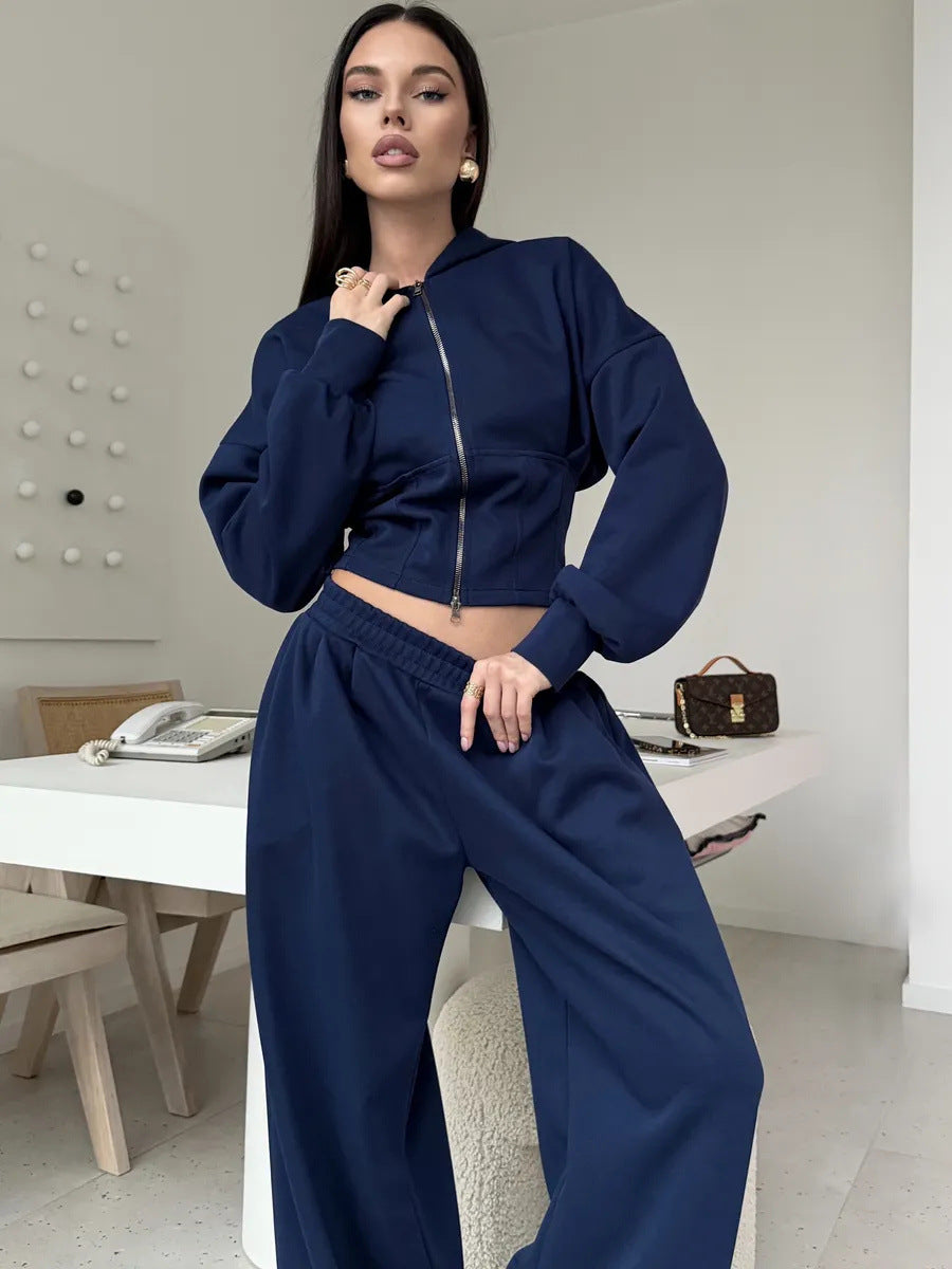Solid Color Zip-up Cardigan Sweatshirt Loose Trousers Casual Suit
