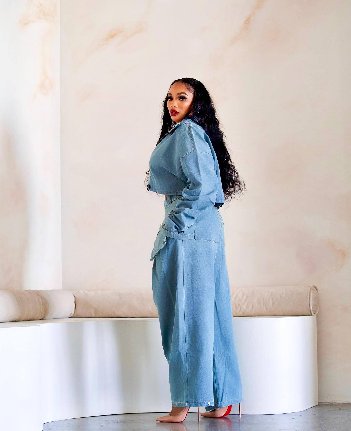 Fashion Retro Wide Leg Loose Heavy Denim Two-piece Suit