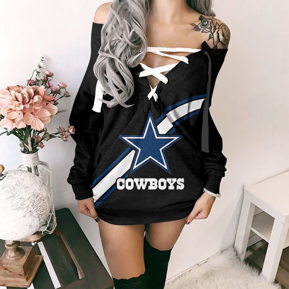 Dallas Cowboys Printed Lace-up V-neck Off-shoulder Hip Dress