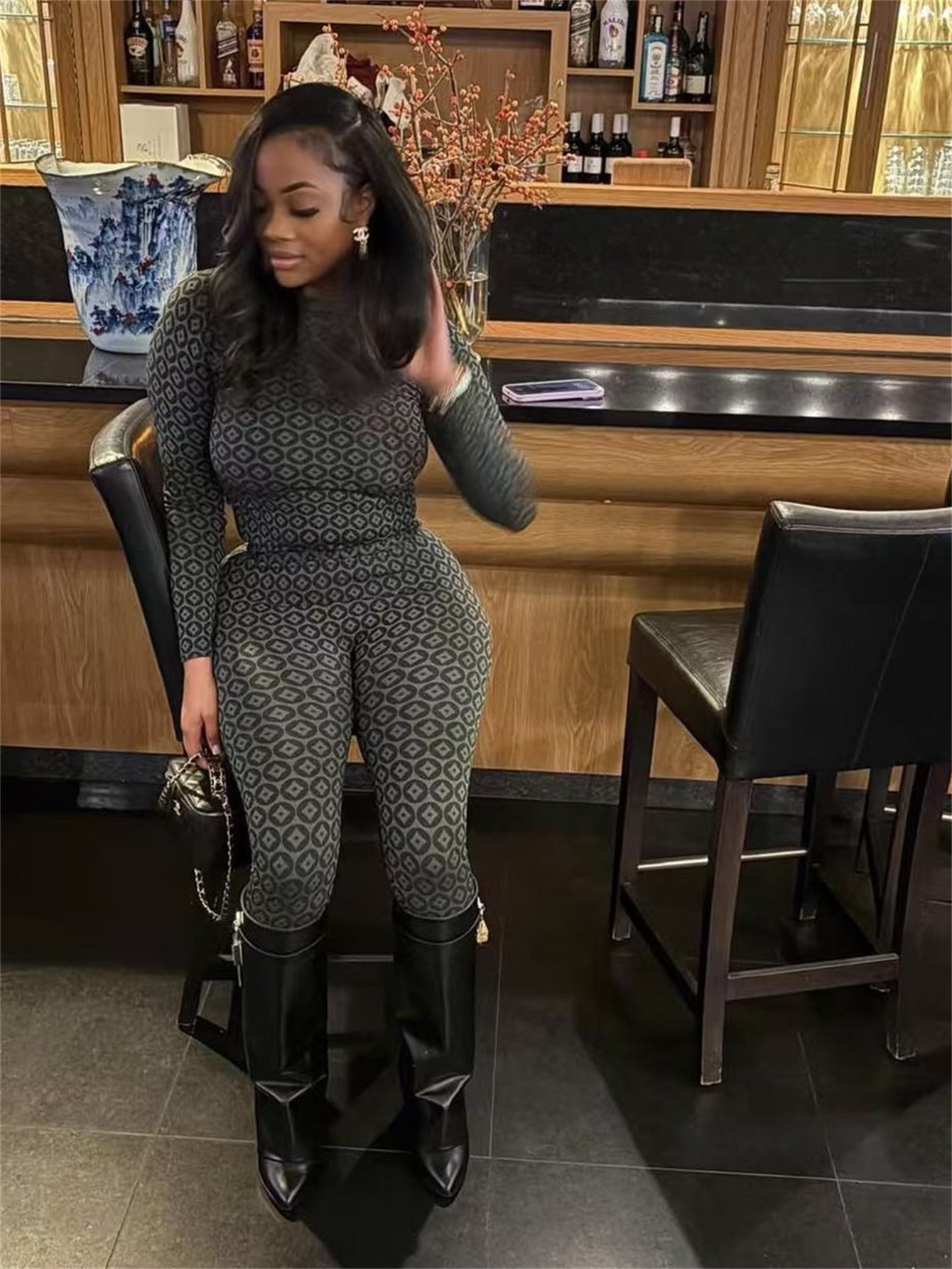 Fashion Printed Elastic Long Sleeve Round Neck Top Pants Set