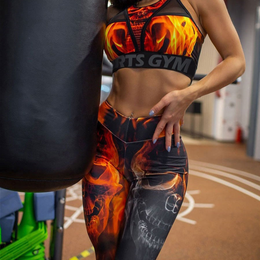 Fashionable Flame Print Mesh Two-piece Bra and Leggings Sports Suit