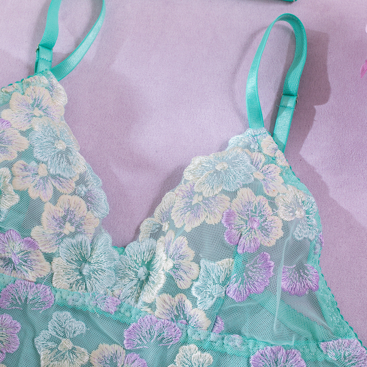 Sexy Embroidered Floral Mesh Dress + Thong Set