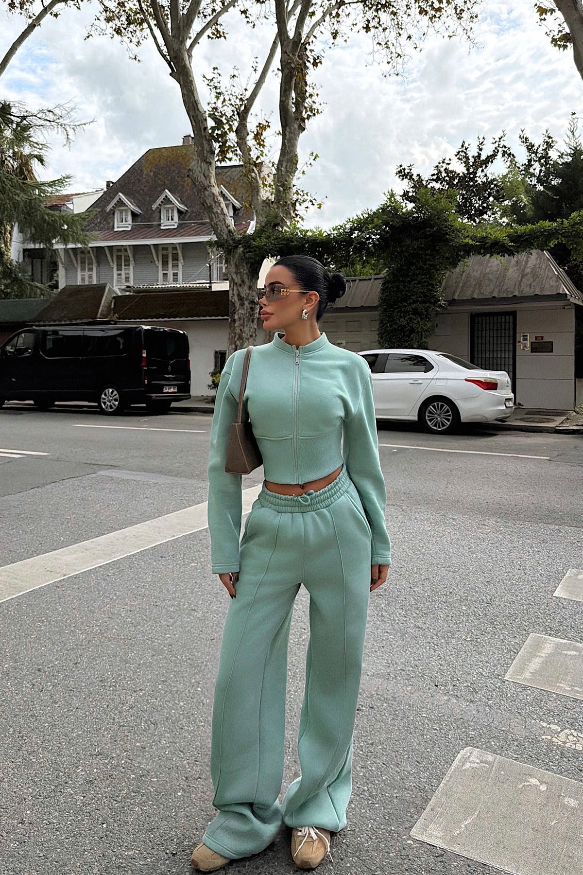 Stylish Solid Color Zip-up Cardigan and Wide-leg Pants Casual Suit