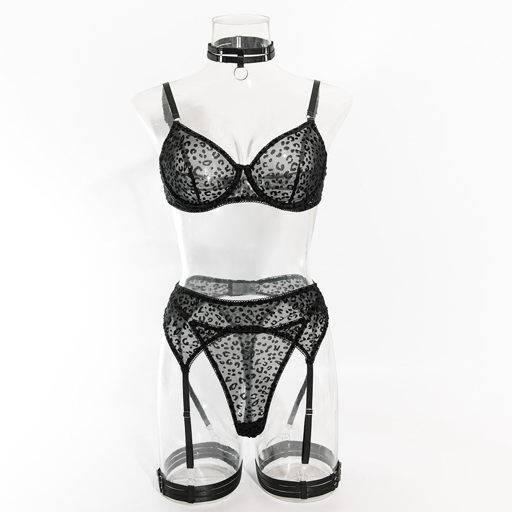 Black Leopard Print Sheer Mesh Scarf Suspender Bodysuit Set