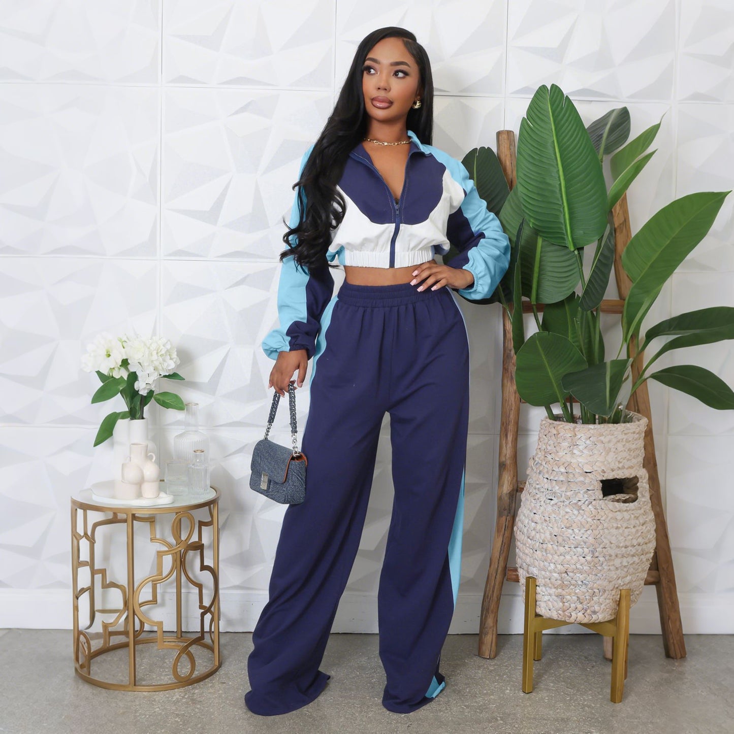 Long-sleeved Turtleneck Color-blocked Short Jacket and Wide-leg Pants Tracksuit