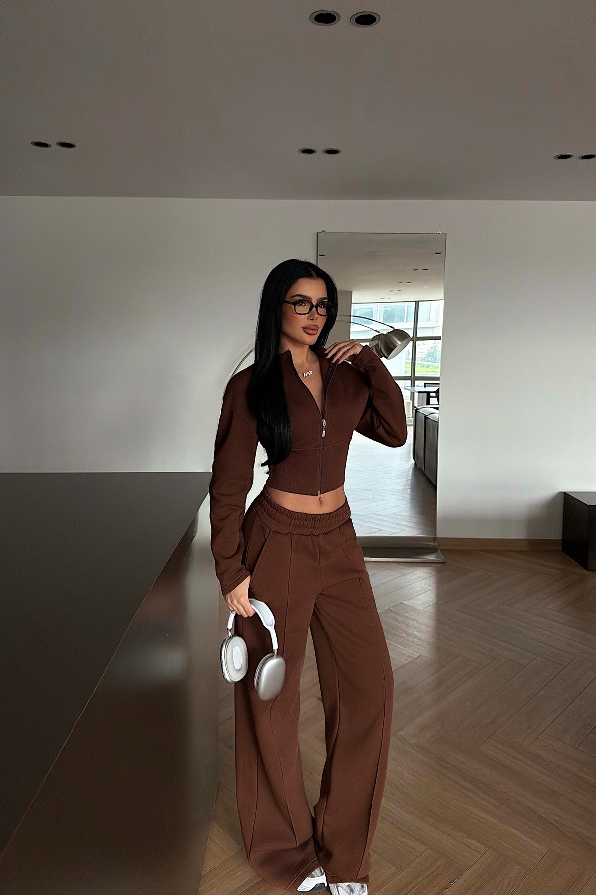 Stylish Solid Color Zip-up Cardigan and Wide-leg Pants Casual Suit