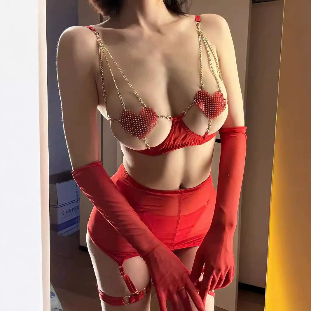Sexy Metal Chain Suspender Heart-Shaped Steel Ring Gathered Hip-Pack Suit