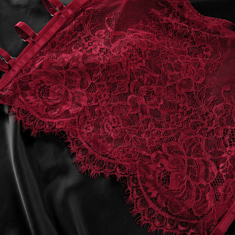 Lace Lace Underwire Gathered Sexy Hot Girl Suspenders Hip Skirt Three Piece Set
