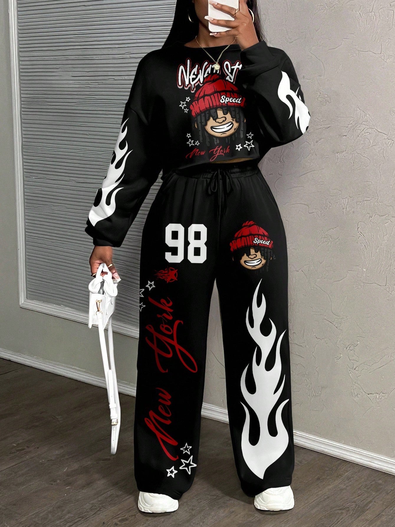 Casual Letter Print Crew Neck Sweatshirt and Pants Set