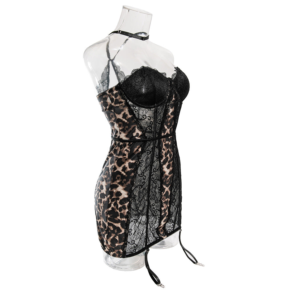 Sexy Lace Leopard Print Stitching Underwire Gathered Halter Neck Dress