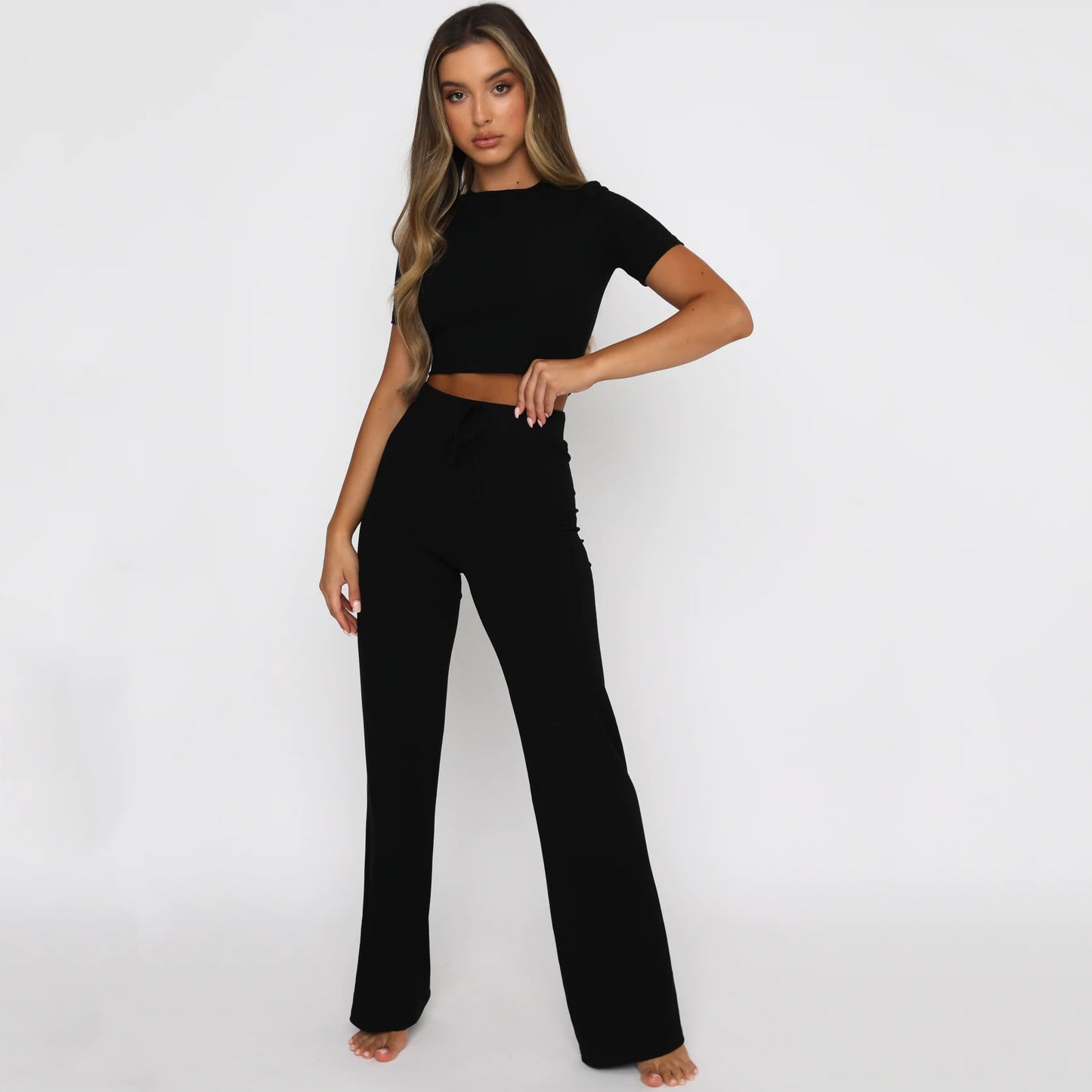Solid Color High Elastic Shaping Short-Sleeve Wide-Leg Pants Casual Set