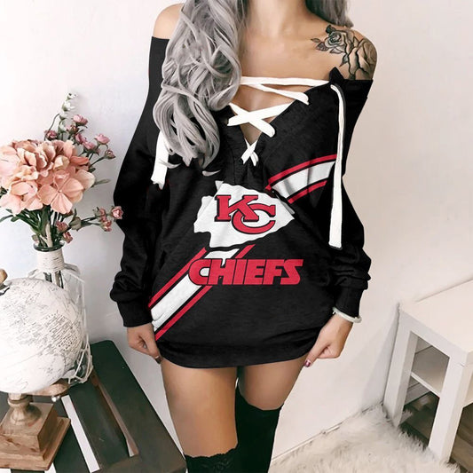 Kansas City Chiefs Printed Lace-up V-neck Off-shoulder Hip Dress