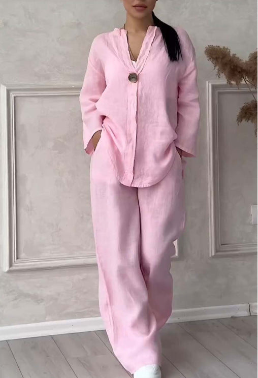 Fashionable Pure Color Cotton Linen Leisure Pants Set