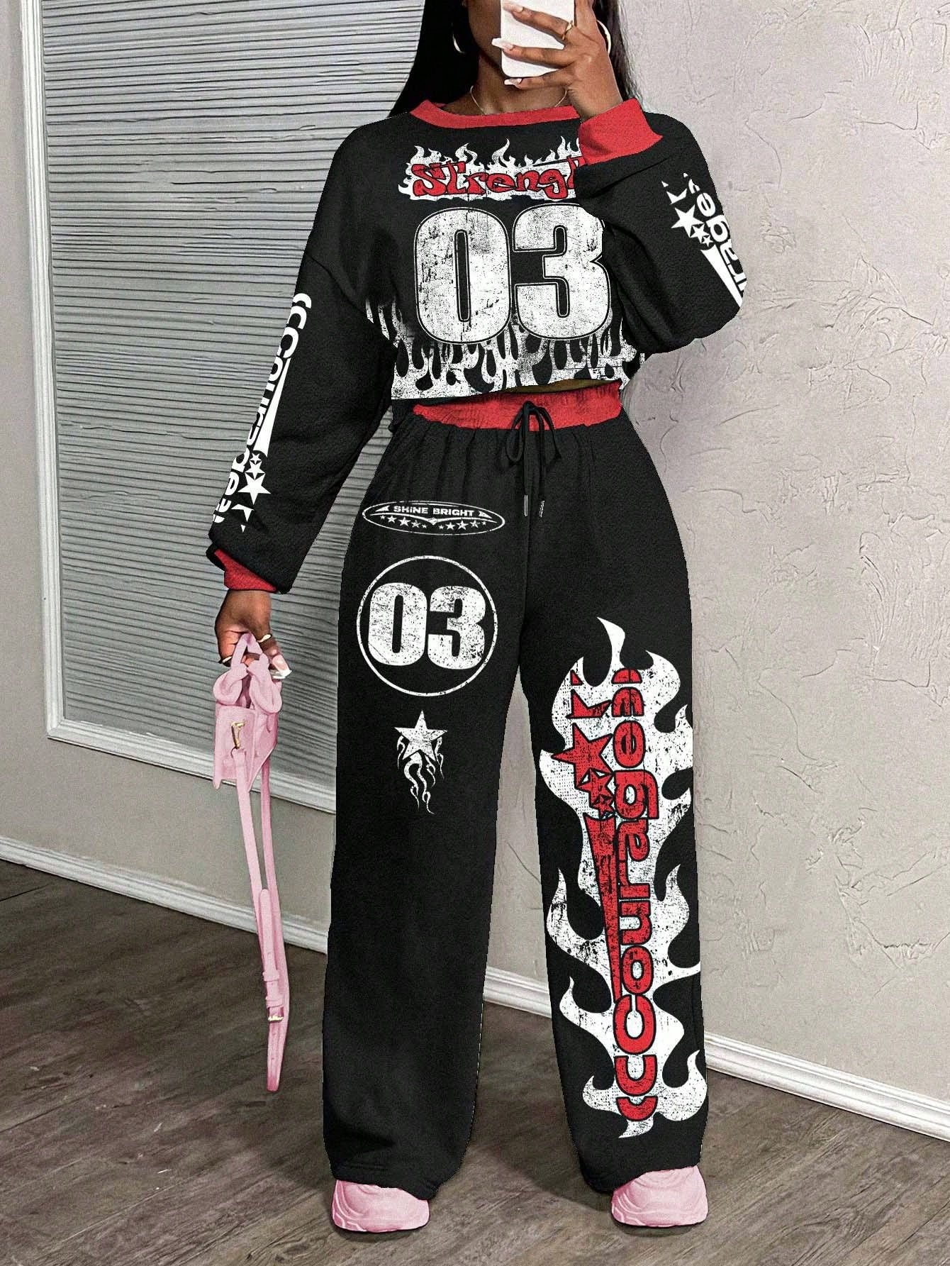 Casual Letter Print Crew Neck Sweatshirt and Pants Set
