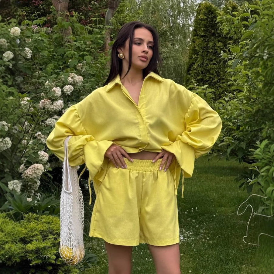 Collared Loose Long-Sleeved Shirt and Wide-Leg Shorts Casual Suit