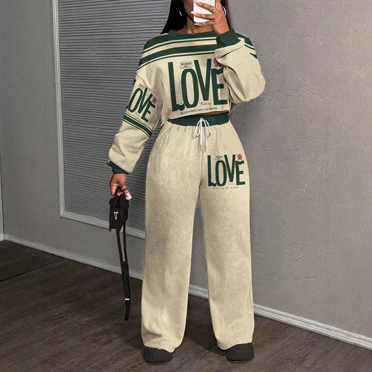 Casual Letter Print Crew Neck Sweatshirt and Pants Set