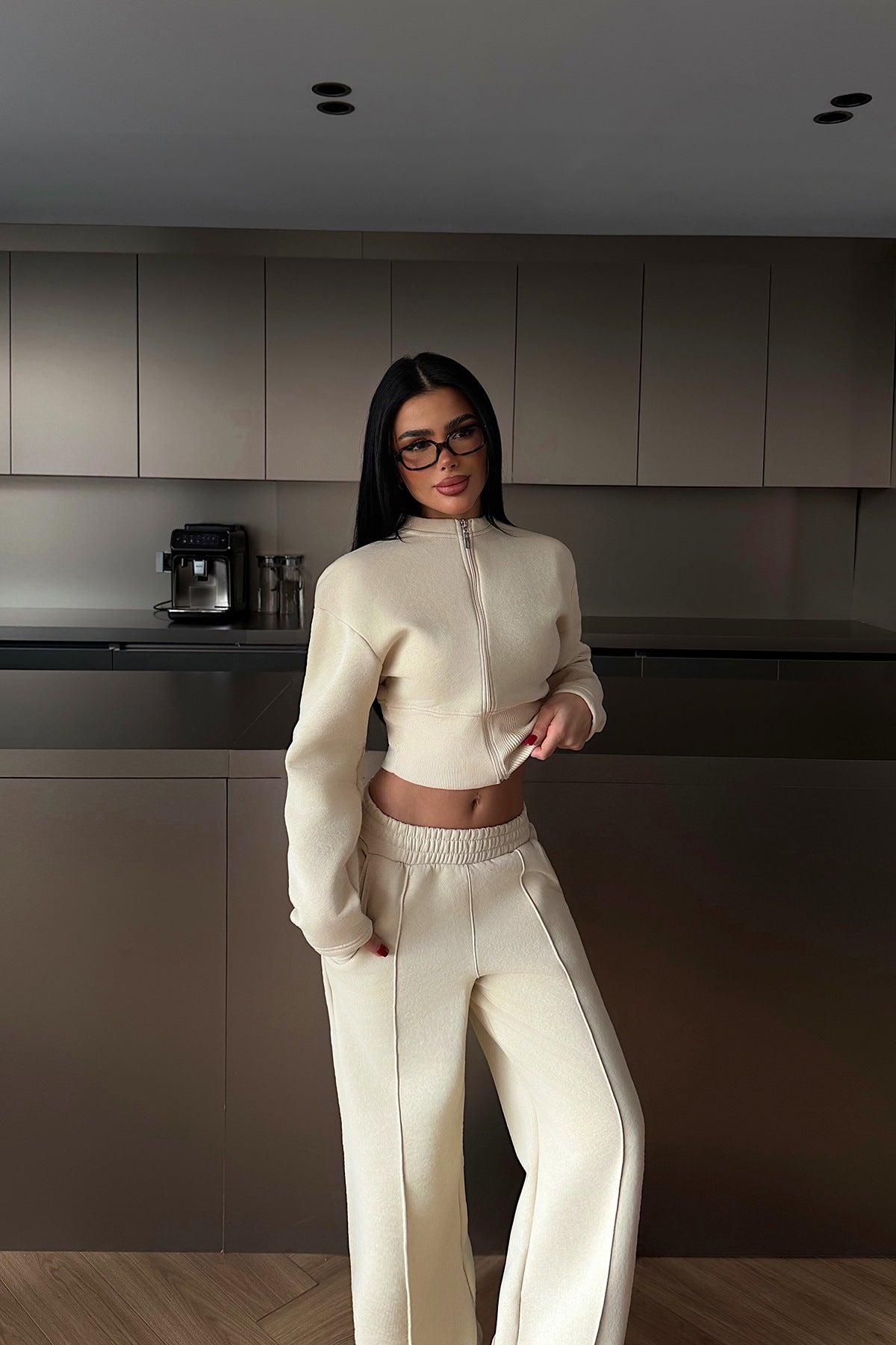 Stylish Solid Color Zip-up Cardigan and Wide-leg Pants Casual Suit