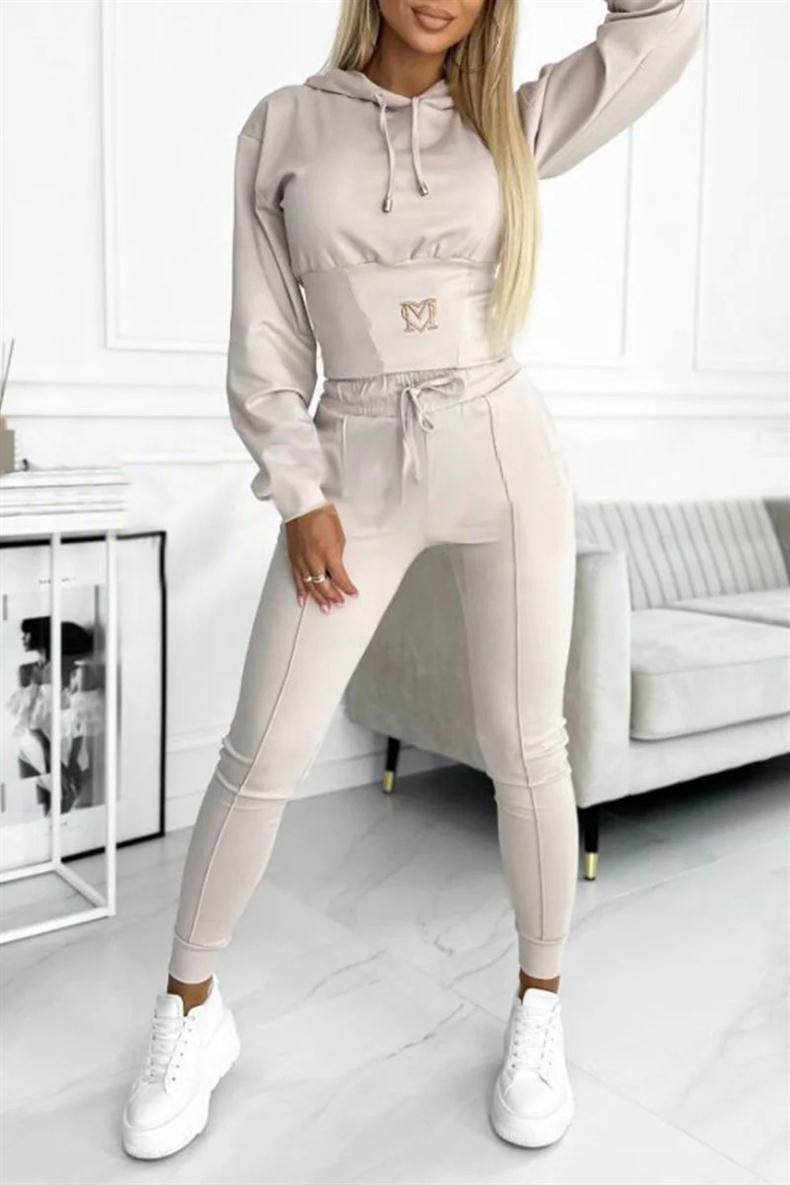 Waist-cinching Hooded Top and Trousers Casual Sportswear Set