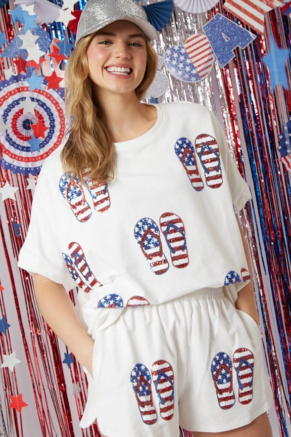 Summer New Independence Day Sequined Short Sleeve Shorts Set