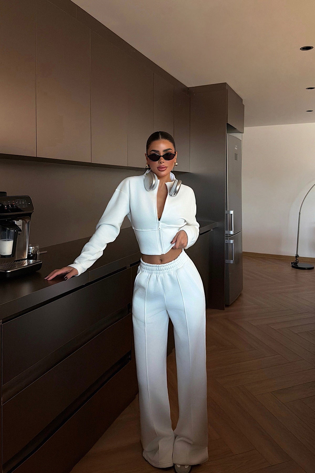 Stylish Solid Color Zip-up Cardigan and Wide-leg Pants Casual Suit