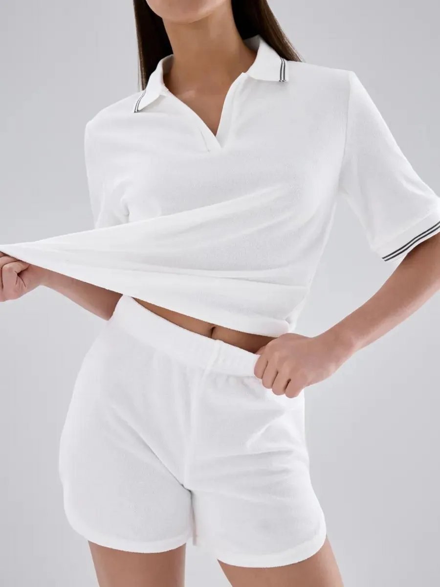 New Summer Polo Collar Short-sleeved Top and Wide-leg Shorts Casual Suit