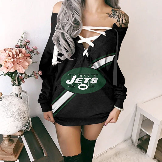 New York Jets Printed Lace-up V-neck Off-shoulder Hip Dress