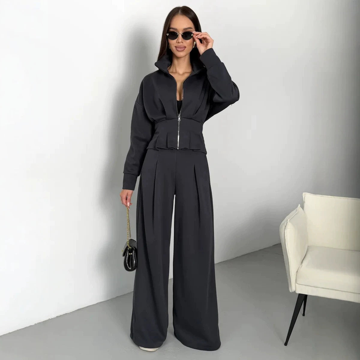 Stand-up Collar Long-sleeved Belted Sweatshirt and Casual Pants Set