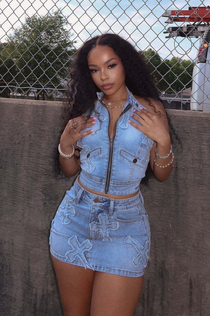 Vintage Embroidered Stretch Vest Denim Skirt Set