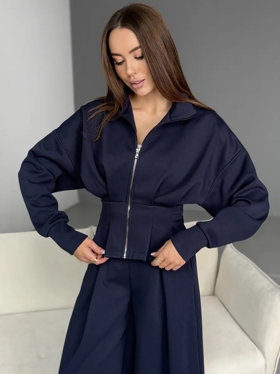 Stand-up Collar Long-sleeved Belted Sweatshirt and Casual Pants Set