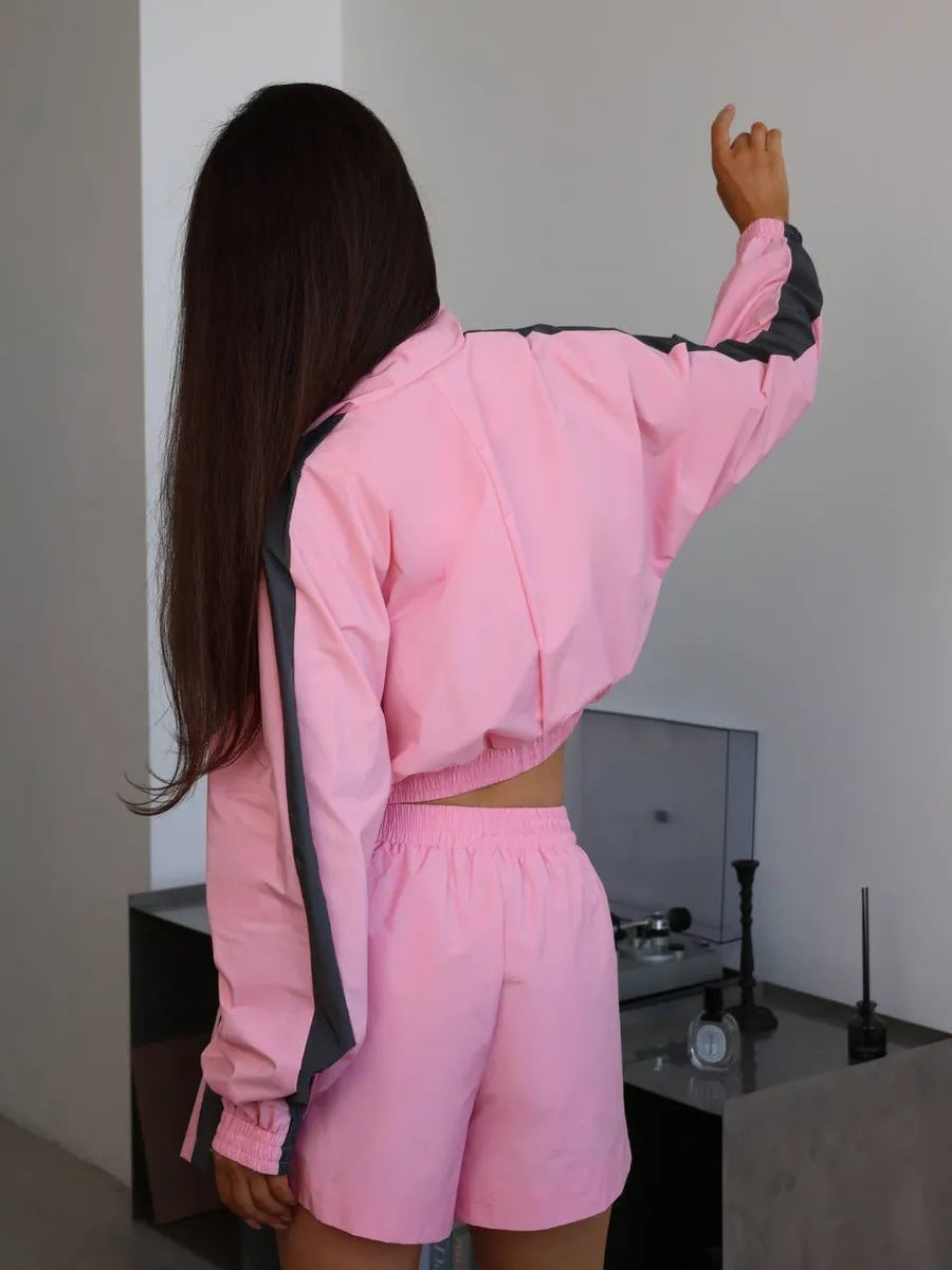 Stylish Long-sleeved Zip-up Sports Cardigan Jacket and Shorts Sports Casual Set