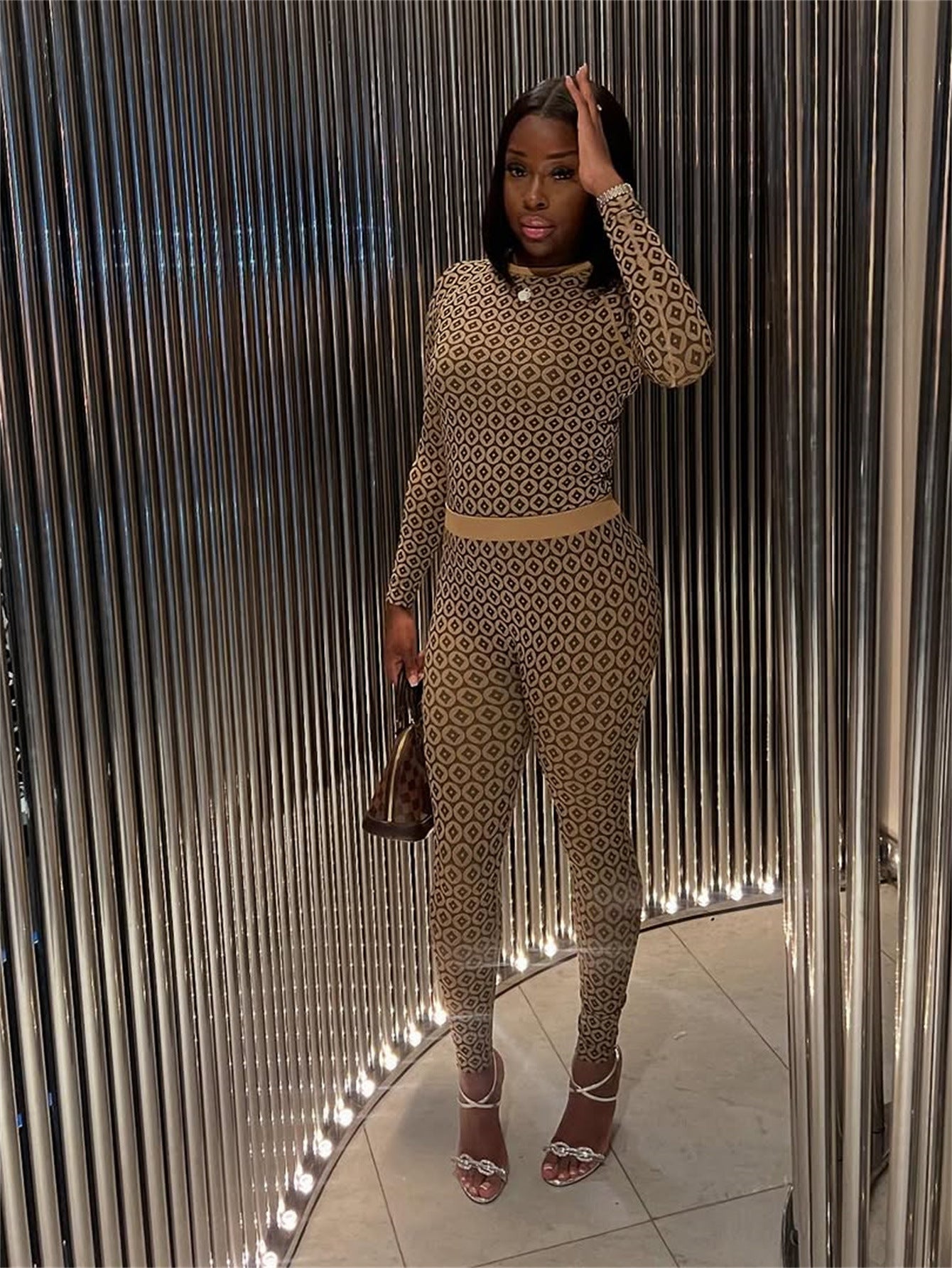 Fashion Printed Elastic Long Sleeve Round Neck Top Pants Set