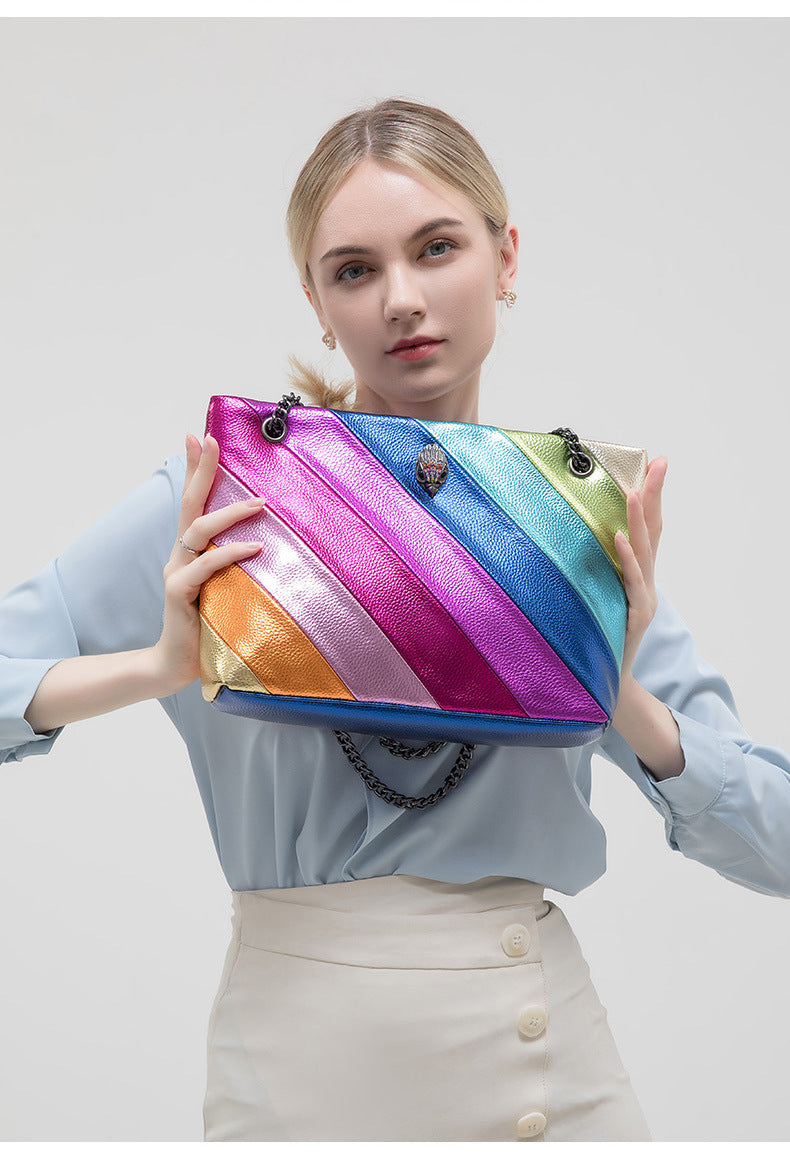 Rainbow Contrast Patchwork Chain Eagle Head Crossbody Bag